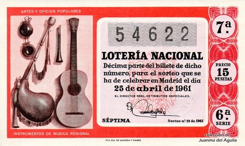 Décimo de Lotería Nacional de 1961 Sorteo 12 - INSTRUMENTOS DE MUSICA REGIONAL