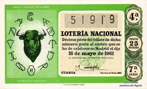 Décimo de Lotería Nacional de 1961 Sorteo 14 - HIERROS DE GANADERIA