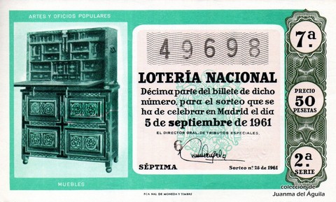 Décimo de Lotería Nacional de 1961 Sorteo 25 - MUEBLES