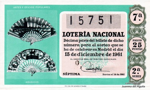 Décimo de Lotería Nacional de 1961 Sorteo 35 - ABANICOS