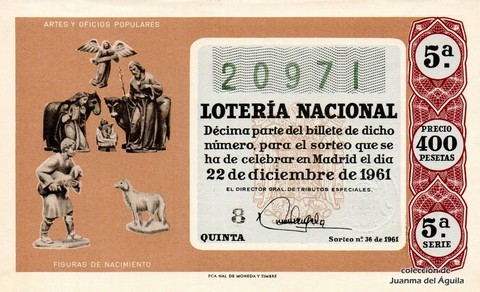 Décimo de Lotería Nacional de 1961 Sorteo 36 - FIGURAS DE NACIMIENTO