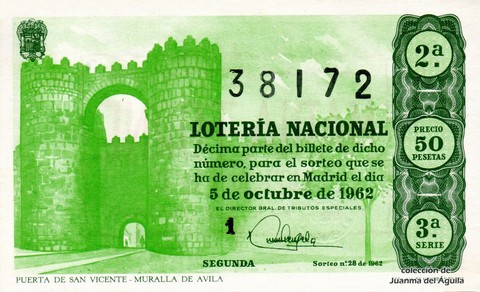 Décimo de Lotería Nacional de 1962 Sorteo 28 - PUERTA DE SAN VICENTE - MURALLA DE ÁVILA