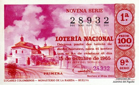 Décimo de Lotería Nacional de 1965 Sorteo 29 - LUGARES COLOMBINOS - MONASTERIO DE LA RABIDA - HUELVA