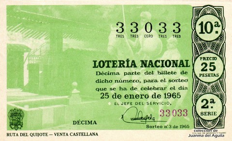 Décimo de Lotería Nacional de 1965 Sorteo 3 - RUTA DEL QUIJOTE - VENTA CASTELLANA
