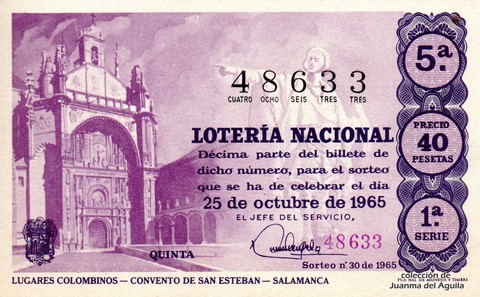 Décimo de Lotería Nacional de 1965 Sorteo 30 - LUGARES COLOMBINOS - CONVENTO DE SAN ESTEBAN - SALAMANCA