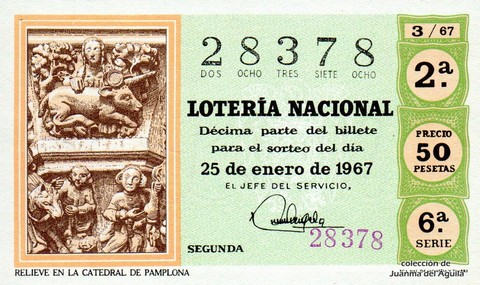 Décimo de Lotería Nacional de 1967 Sorteo 3 - RELIEVE EN LA CATEDRAL DE PAMPLONA