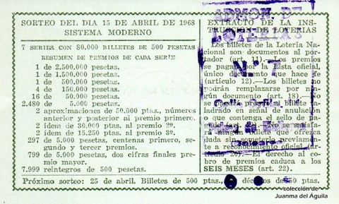 Reverso del décimo de Lotería Nacional de 1968 Sorteo 11