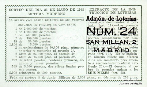 Reverso del décimo de Lotería Nacional de 1968 Sorteo 15