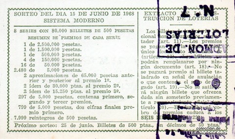 Reverso del décimo de Lotería Nacional de 1968 Sorteo 17