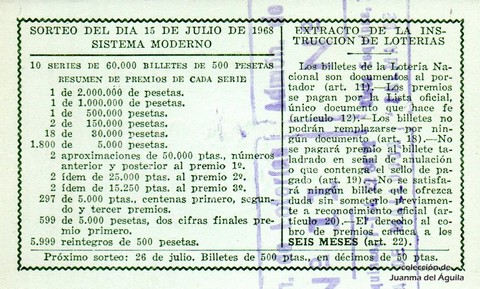 Reverso décimo de Lotería 1968 / 20