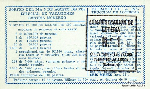 Reverso del décimo de Lotería Nacional de 1968 Sorteo 22