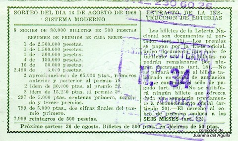 Reverso del décimo de Lotería Nacional de 1968 Sorteo 23