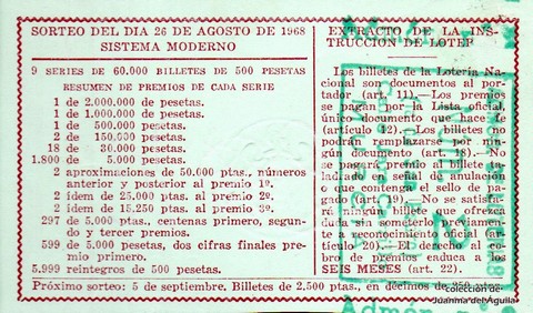 Reverso del décimo de Lotería Nacional de 1968 Sorteo 24
