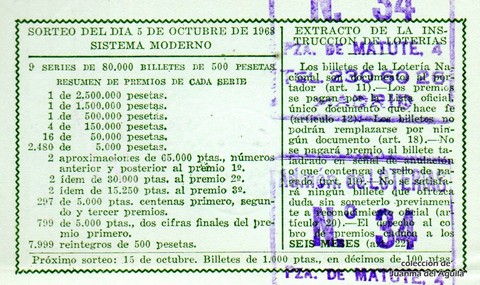 Reverso del décimo de Lotería Nacional de 1968 Sorteo 28