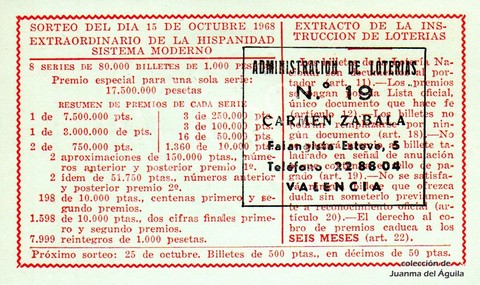 Reverso del décimo de Lotería Nacional de 1968 Sorteo 29