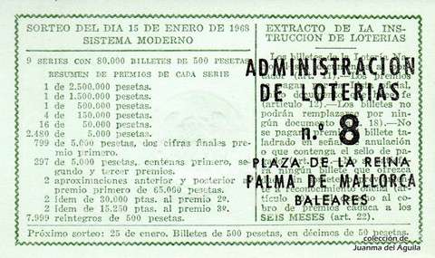 Reverso del décimo de Lotería Nacional de 1968 Sorteo 2