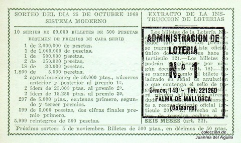 Reverso del décimo de Lotería Nacional de 1968 Sorteo 30