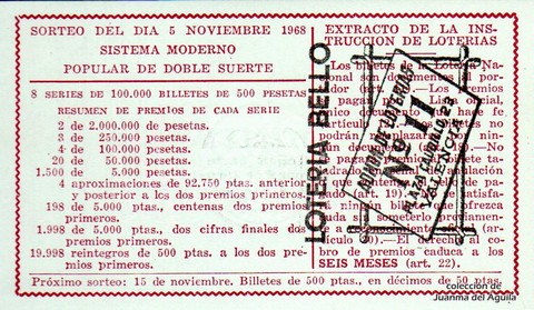Reverso del décimo de Lotería Nacional de 1968 Sorteo 31