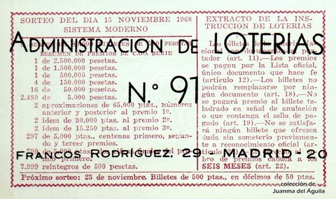 Reverso del décimo de Lotería Nacional de 1968 Sorteo 32