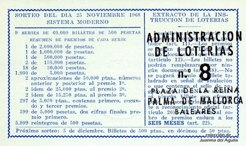 Reverso del décimo de Lotería Nacional de 1968 Sorteo 33