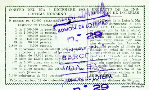 Reverso décimo de Lotería 1968 / 34