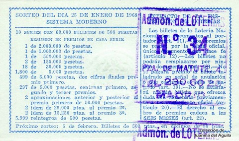 Reverso del décimo de Lotería Nacional de 1968 Sorteo 3