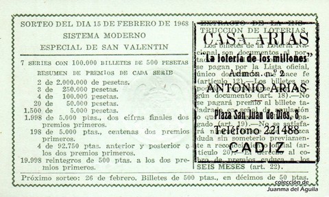 Reverso décimo de Lotería 1968 / 5