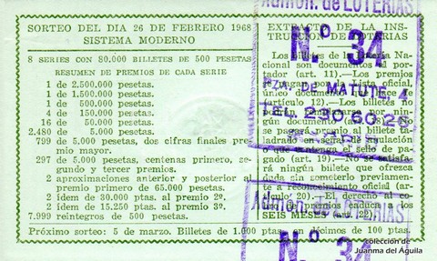 Reverso del décimo de Lotería Nacional de 1968 Sorteo 6