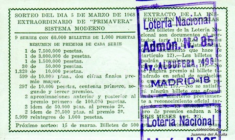 Reverso del décimo de Lotería Nacional de 1968 Sorteo 7