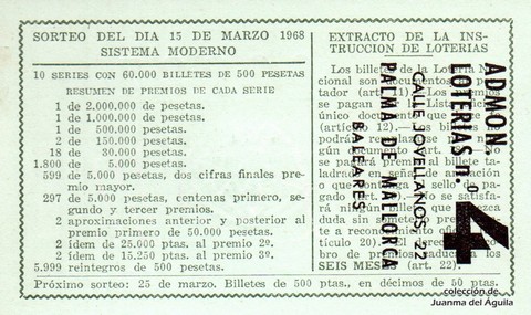 Reverso del décimo de Lotería Nacional de 1968 Sorteo 8