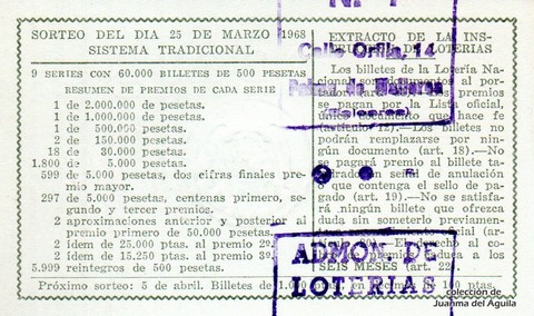 Reverso del décimo de Lotería Nacional de 1968 Sorteo 9