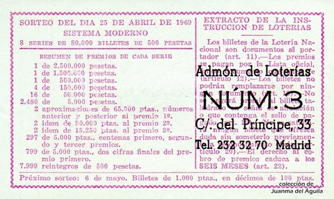 Reverso del décimo de Lotería Nacional de 1969 Sorteo 12