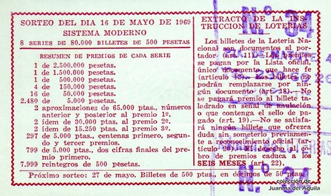 Reverso del décimo de Lotería Nacional de 1969 Sorteo 14