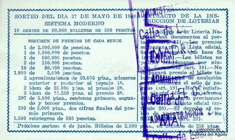 Reverso del décimo de Lotería Nacional de 1969 Sorteo 15