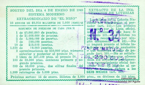 Reverso del décimo de Lotería Nacional de 1969 Sorteo 1