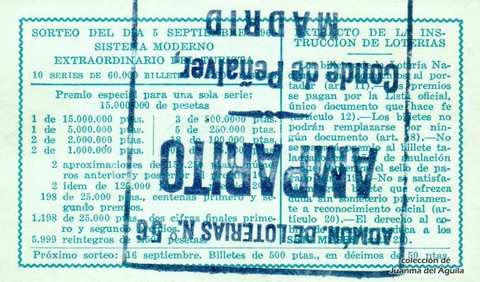 Reverso del décimo de Lotería Nacional de 1969 Sorteo 25