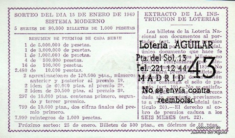 Reverso del décimo de Lotería Nacional de 1969 Sorteo 2