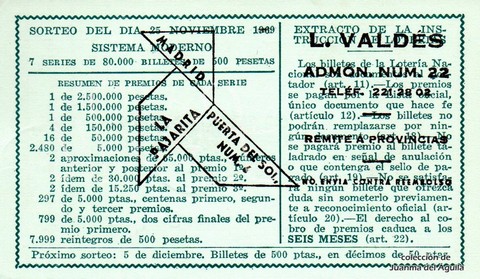 Reverso del décimo de Lotería Nacional de 1969 Sorteo 33