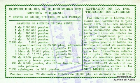 Reverso del décimo de Lotería Nacional de 1969 Sorteo 35