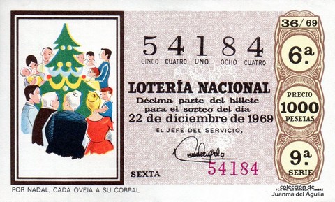 Décimo de Lotería Nacional de 1969 Sorteo 36 - POR NADAL, CADA OVEJA A SU CORRAL