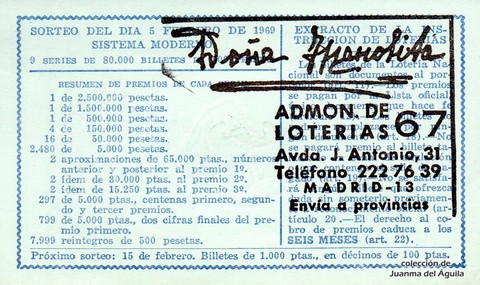Reverso del décimo de Lotería Nacional de 1969 Sorteo 4