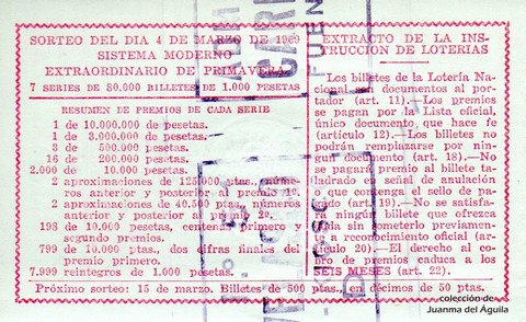 Reverso del décimo de Lotería Nacional de 1969 Sorteo 7