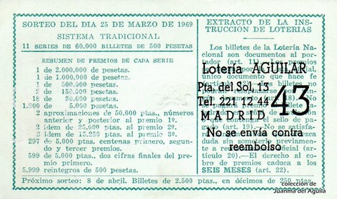 Reverso décimo de Lotería 1969 / 9