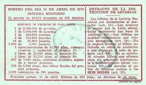 Reverso del décimo de Lotería Nacional de 1970 Sorteo 11