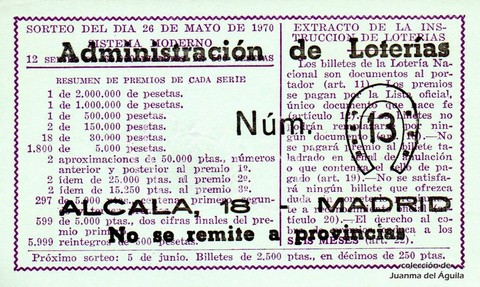 Reverso del décimo de Lotería Nacional de 1970 Sorteo 15