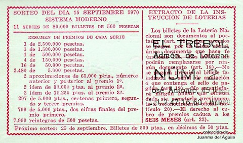 Reverso del décimo de Lotería Nacional de 1970 Sorteo 26