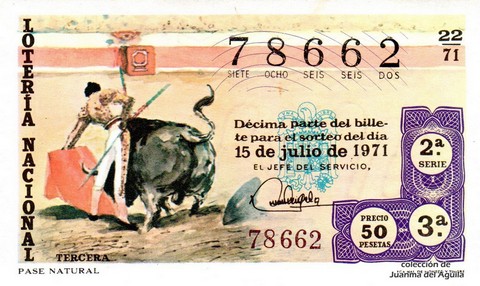 Décimo de Lotería Nacional de 1971 Sorteo 22 - PASE NATURAL