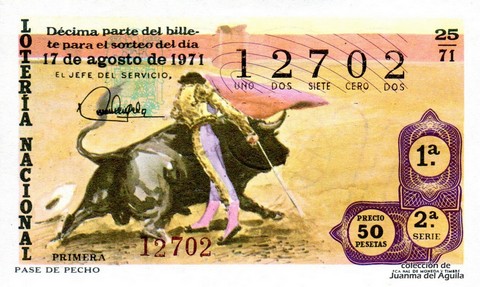 Décimo de Lotería Nacional de 1971 Sorteo 25 - PASE DE PECHO