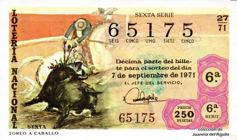 Décimo de Lotería Nacional de 1971 Sorteo 27 - TOREO A CABALLO