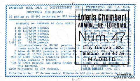 Reverso décimo de Lotería 1971 / 35